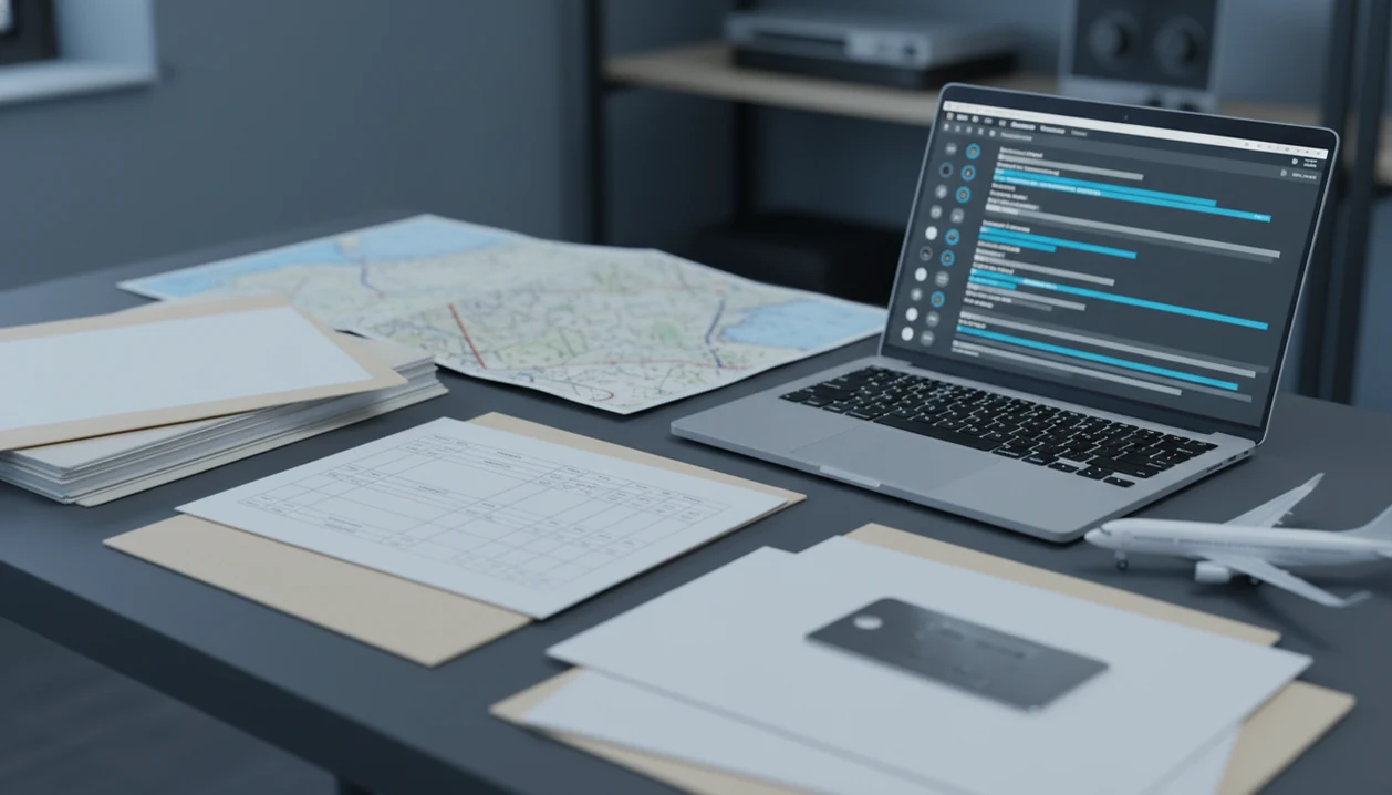 Aviation research desk with reports, map, and aircraft model for accident database research.