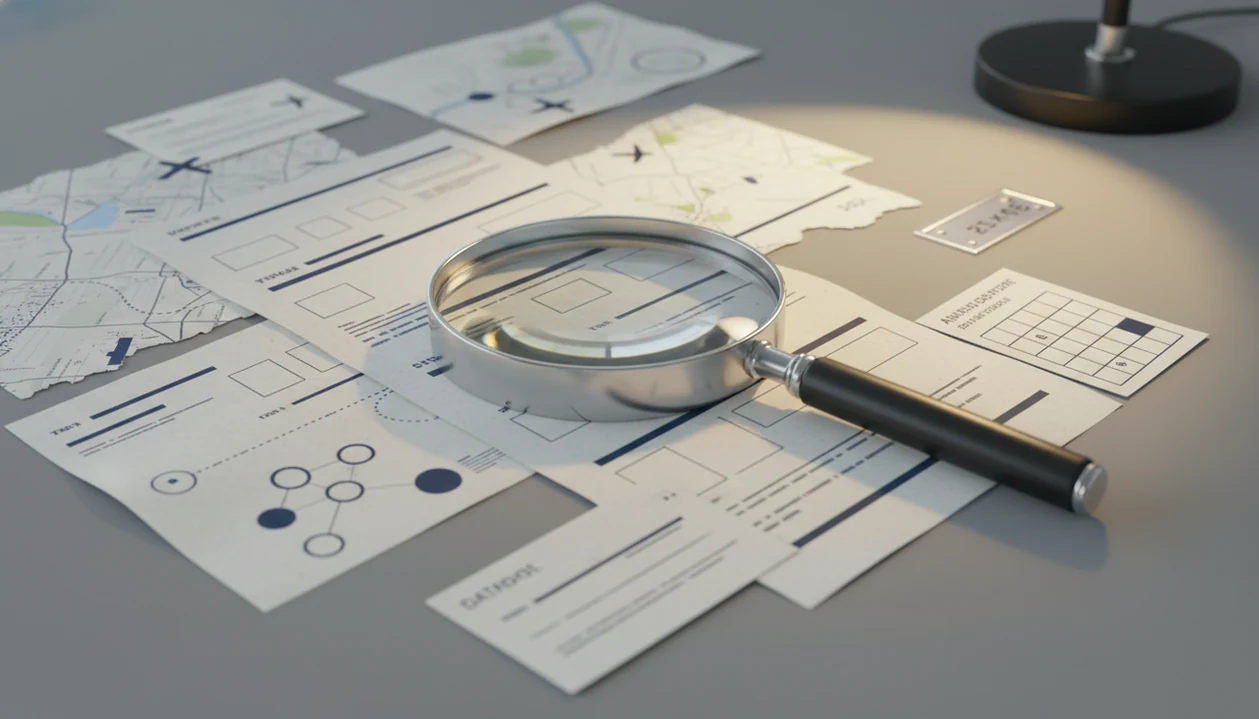 A magnifying glass examines anonymous aviation report pages, map fragments, and database symbols on a desk.