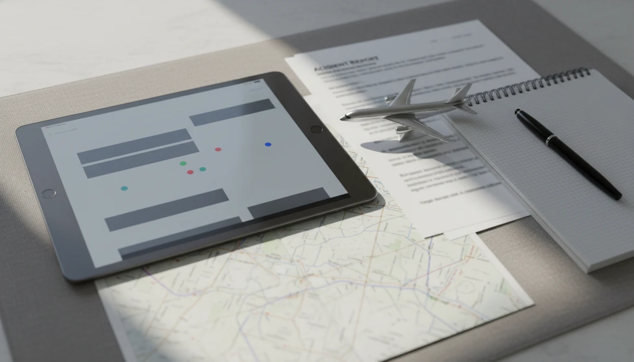 A research desk shows aviation reports, an aircraft model, and abstract comparison data on a tablet.