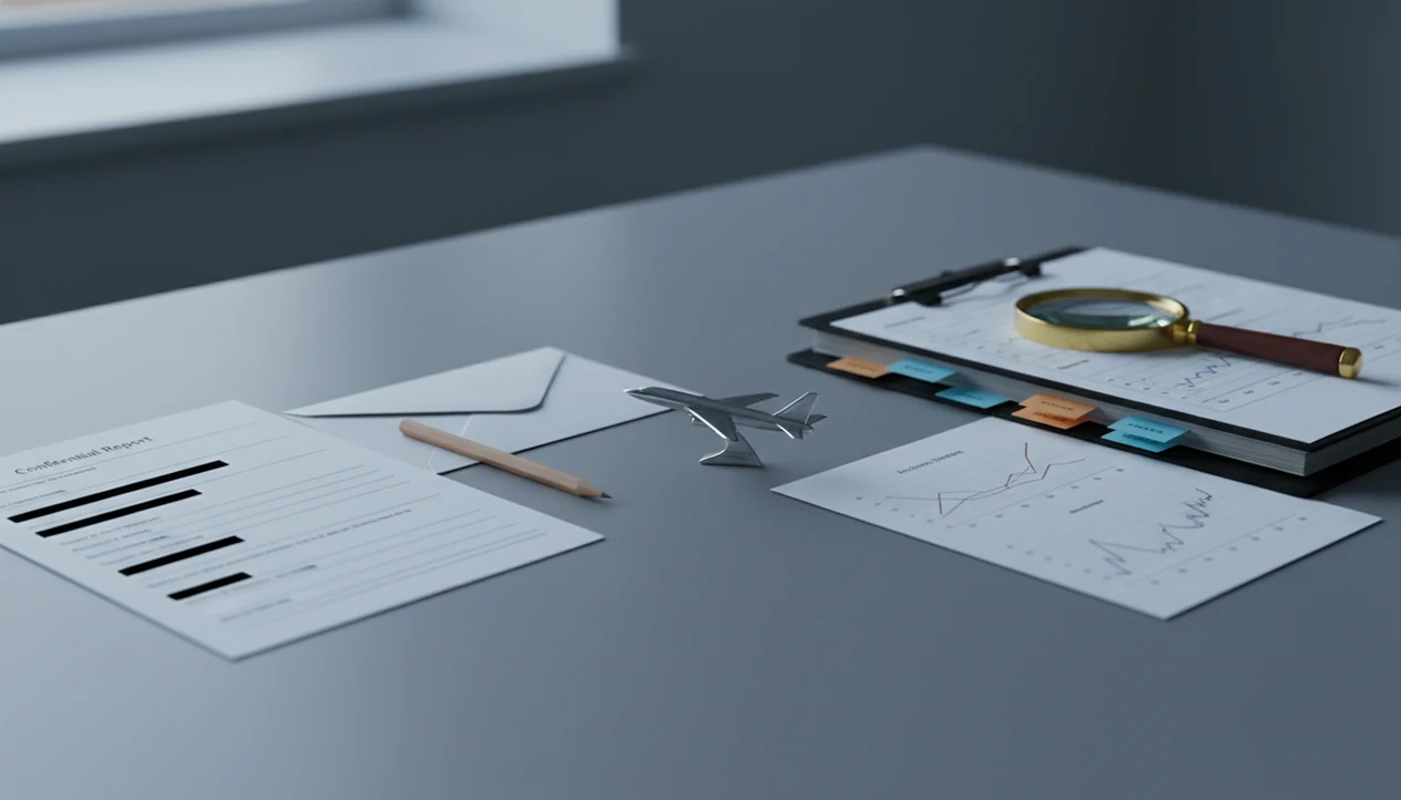 Aviation safety documents are arranged to contrast confidential reports with official accident findings.