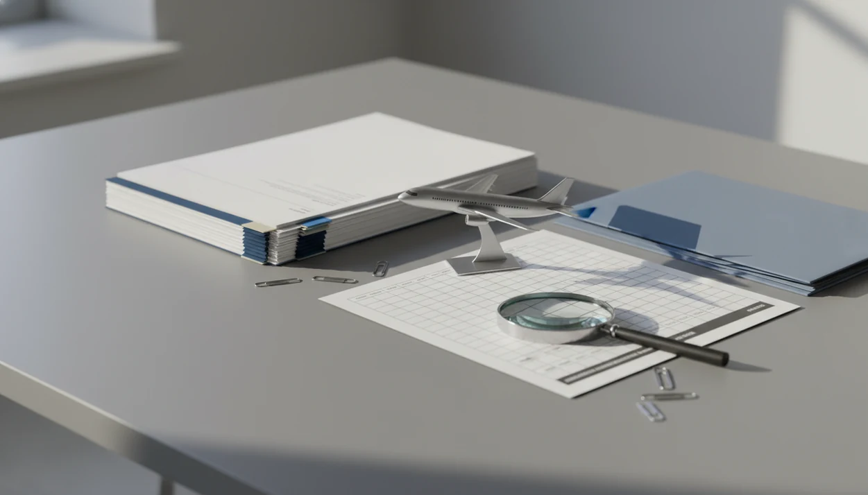 A desk with aviation reports, source folders, a magnifying glass, and a small aircraft model.