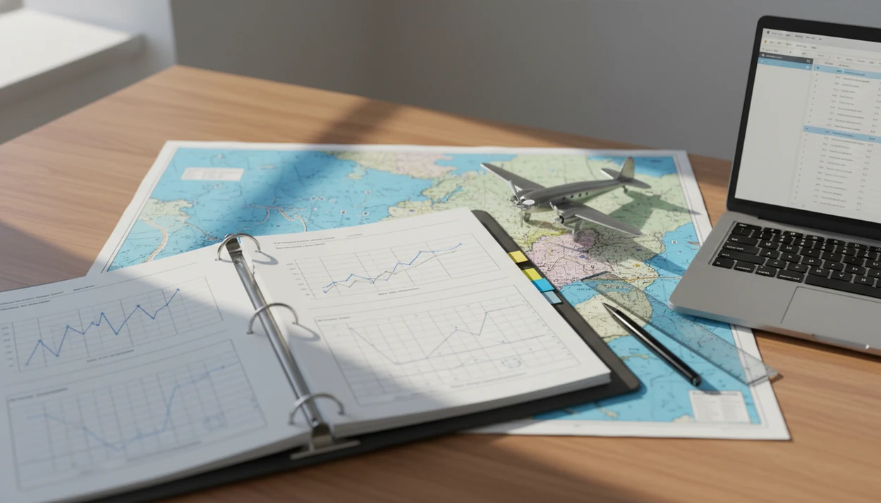 Aviation study desk with reports, charts, a model airplane, and a blurred database screen.