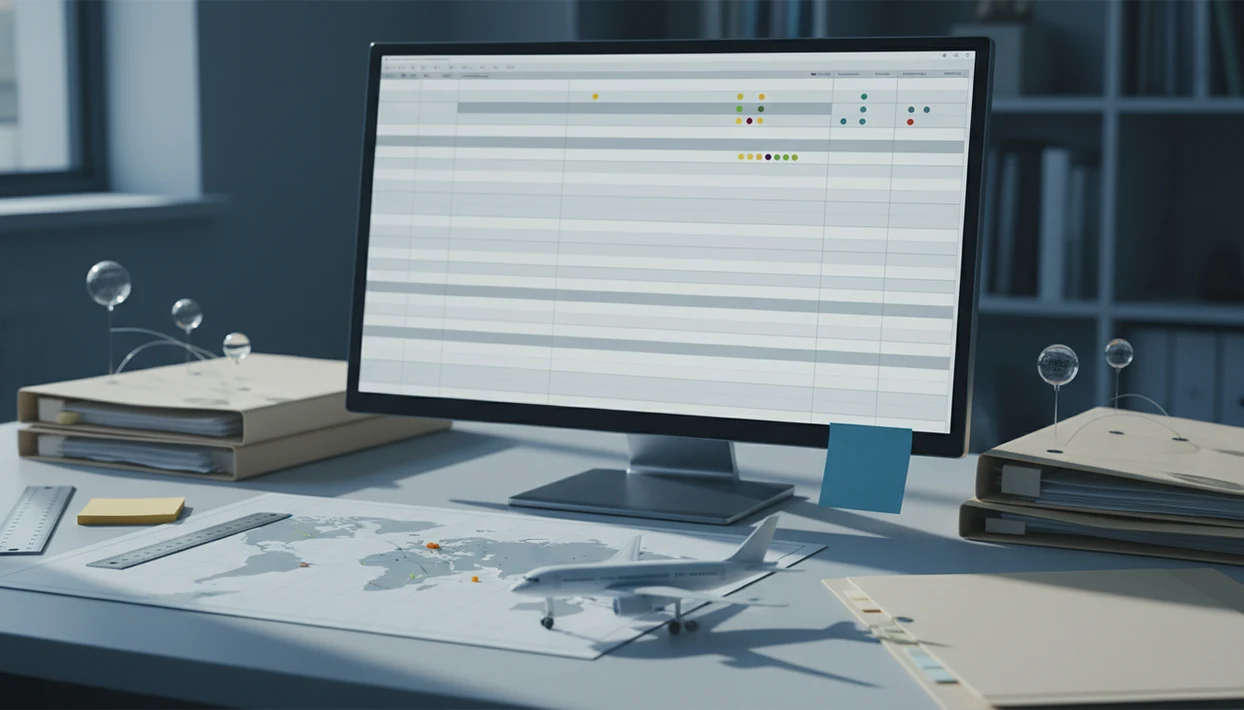 A research desk with aviation records, a data table, map pins, and a small aircraft model.