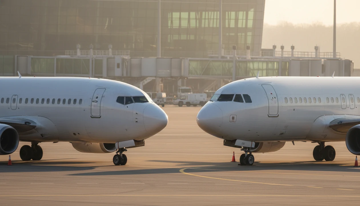 Two unbranded narrow-body jets face each other on an airport apron in calm morning light.