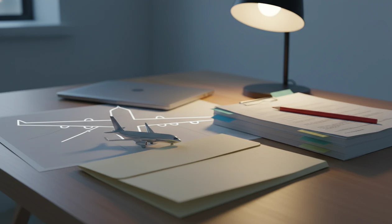 Aviation incident documents, a model aircraft, and correction tools arranged on a quiet editorial desk.