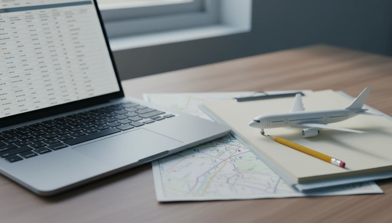 A research desk with aircraft records, a laptop database, maps, and a model airliner for checking crash history.