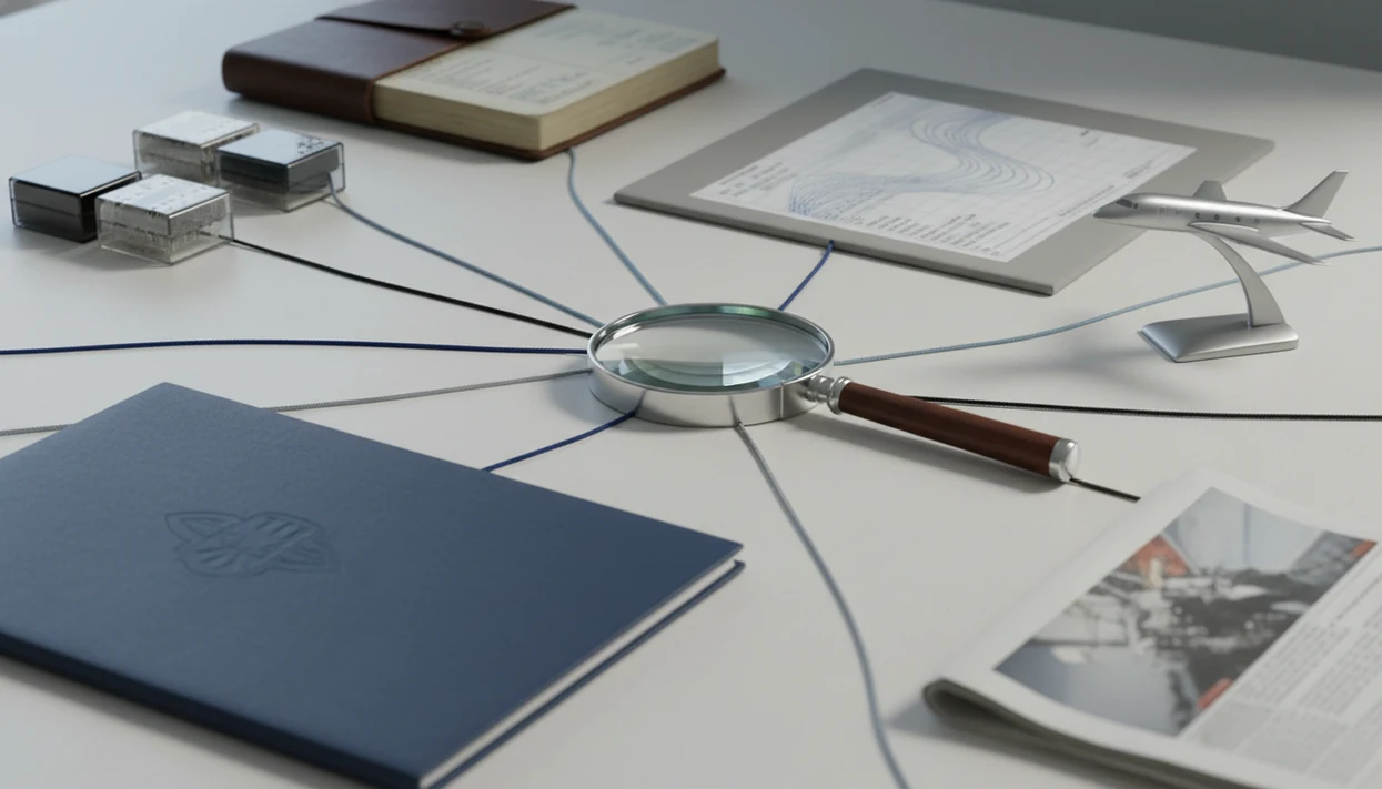 A research desk shows aviation records, archives, and a magnifying glass arranged for source verification.
