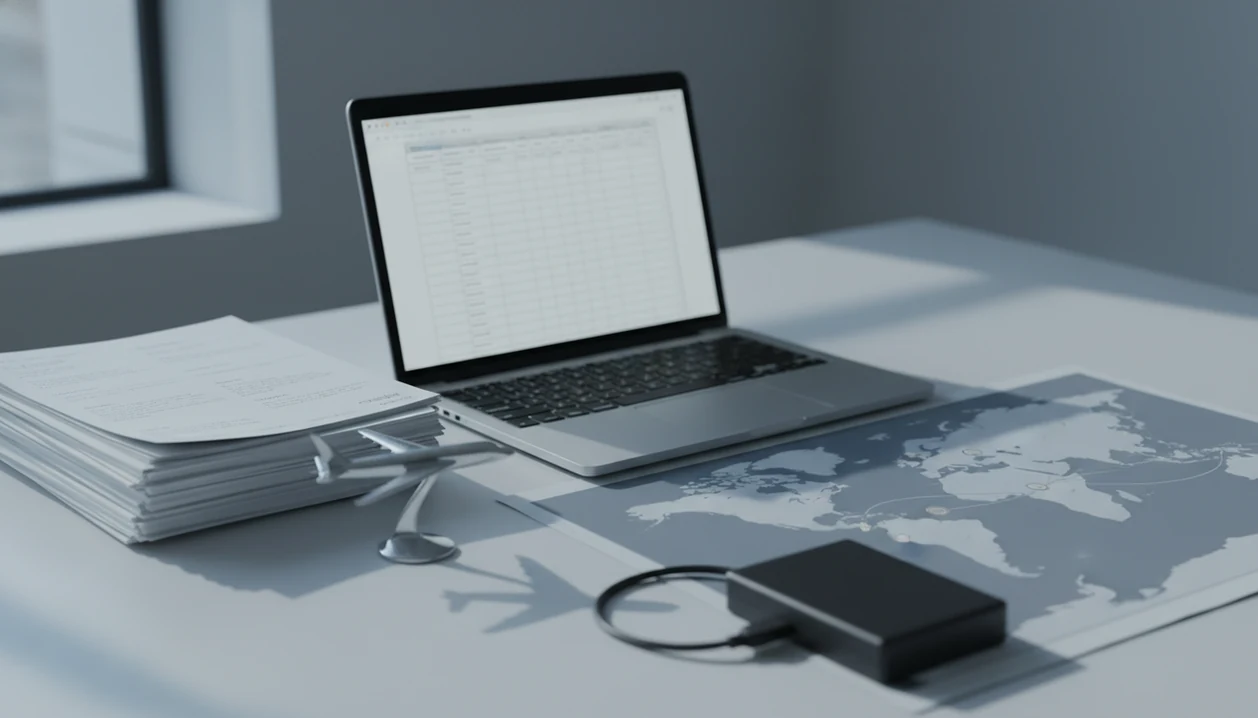 A research desk with aviation reports, a model aircraft, map, laptop grid, and external drive for data export.