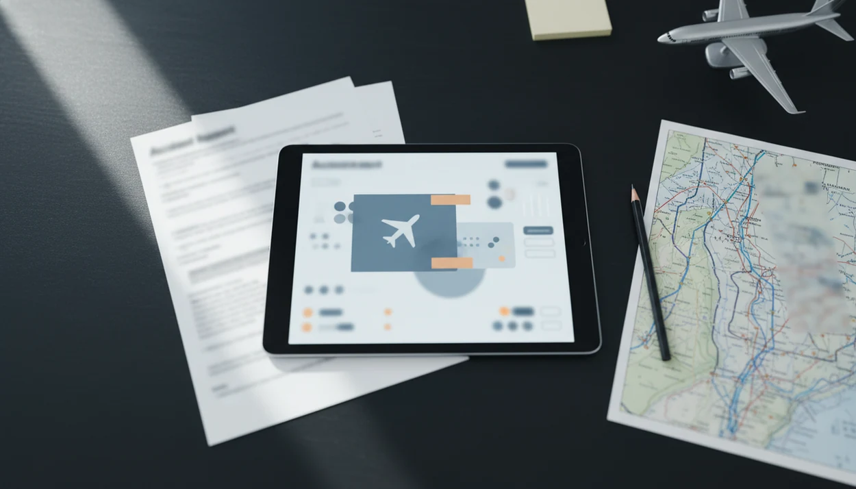 A tablet and aviation research materials show abstract accident data on a desk.