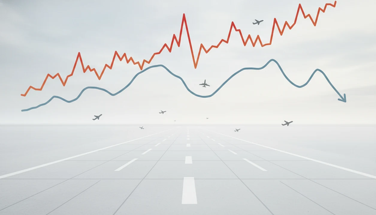 Abstract runway data graphic contrasts spiky fatality counts with a smoother declining accident-rate trend.
