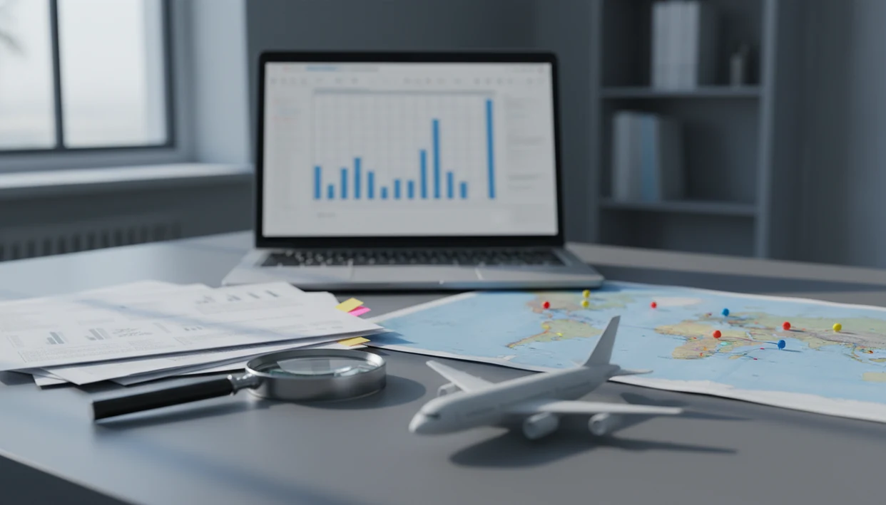 A research desk with a laptop, map, report papers, magnifying glass, and model aircraft.