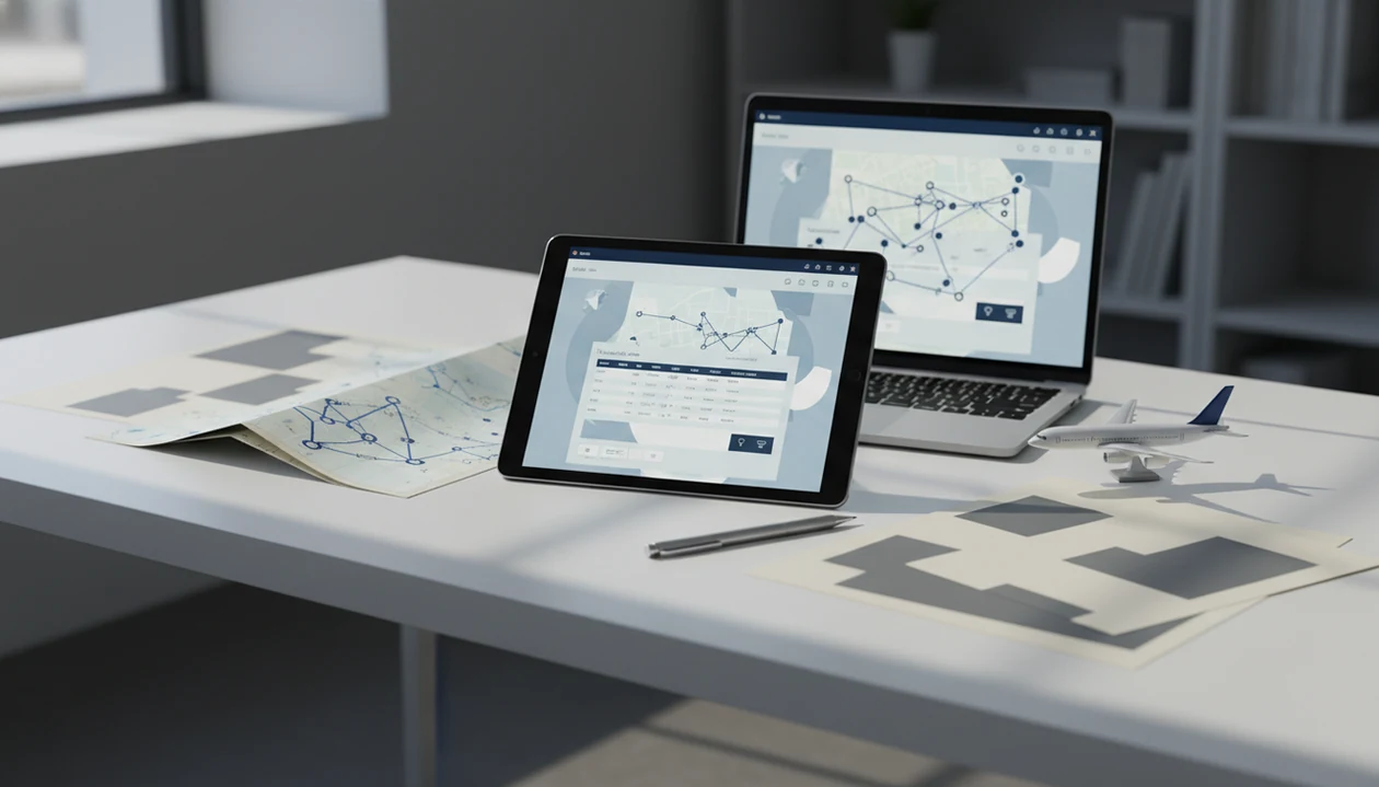 A research desk with aviation charts, reports, and devices showing an abstract accident database interface.