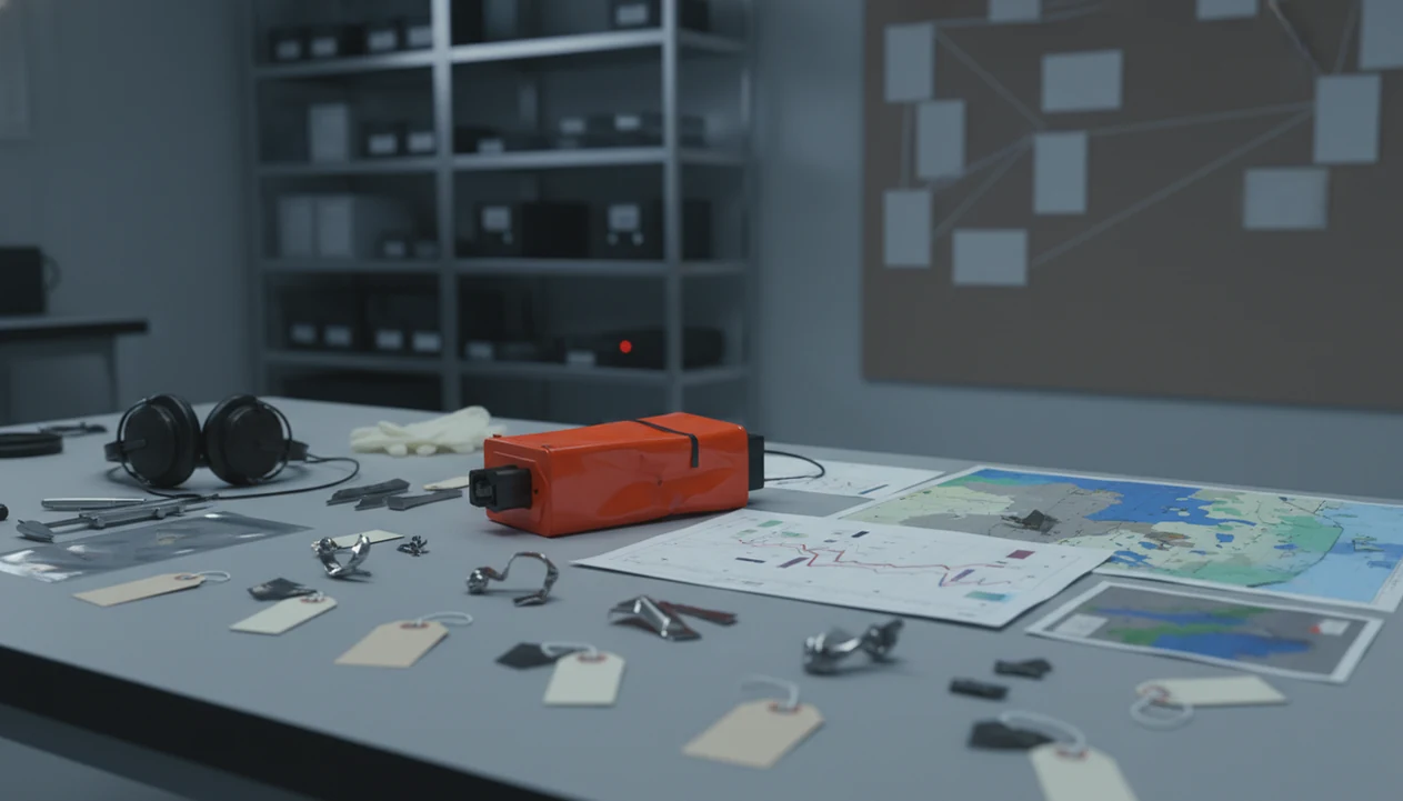 Evidence from an aircraft accident investigation is arranged on a lab table for analysis.