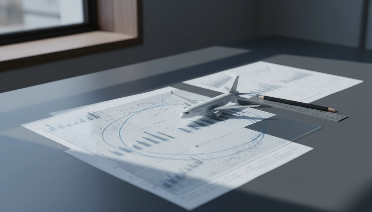 An aircraft model rests on abstract aviation safety charts in a calm analyst workspace.