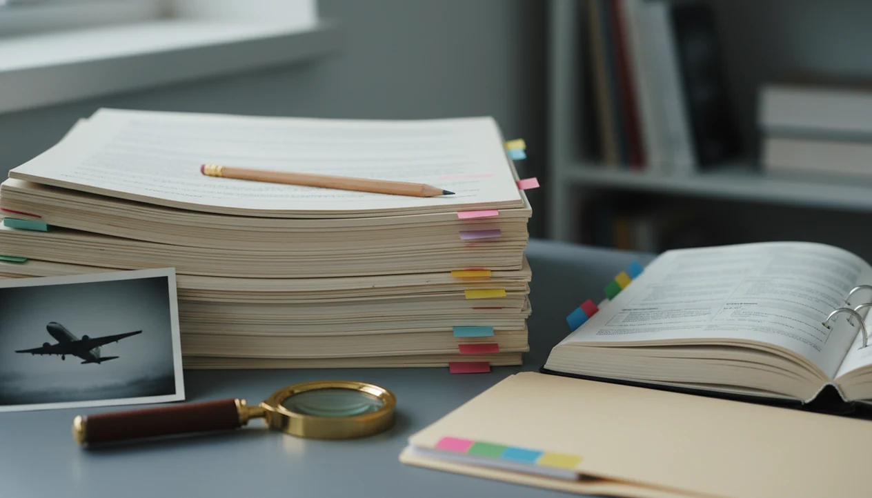 A desk with blurred aviation report pages, citation notes, a magnifying glass, and an aircraft photo.