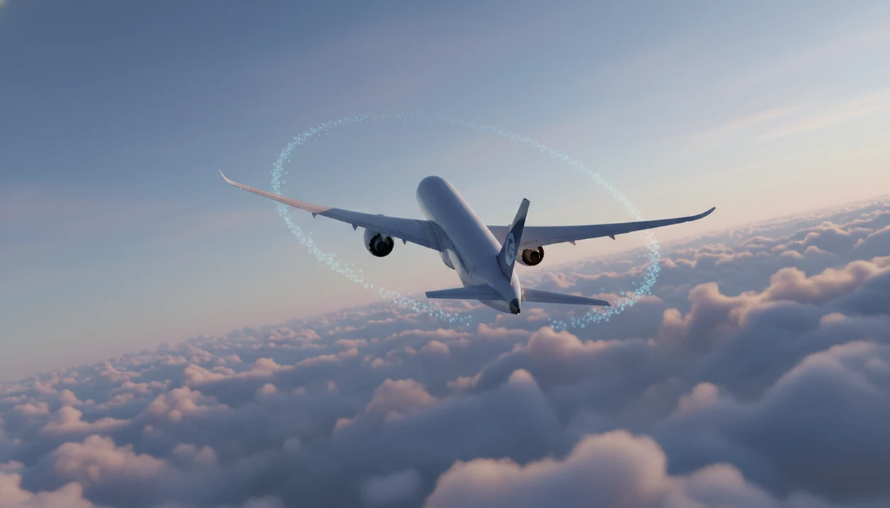 An intact airliner banks steeply above clouds with a curved path showing unintended flight deviation.