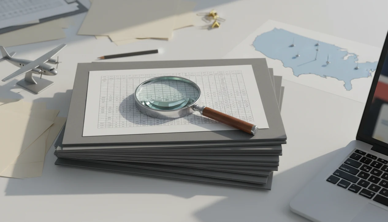 An investigator’s desk with blank aviation records, a map, magnifying glass, and aircraft model.