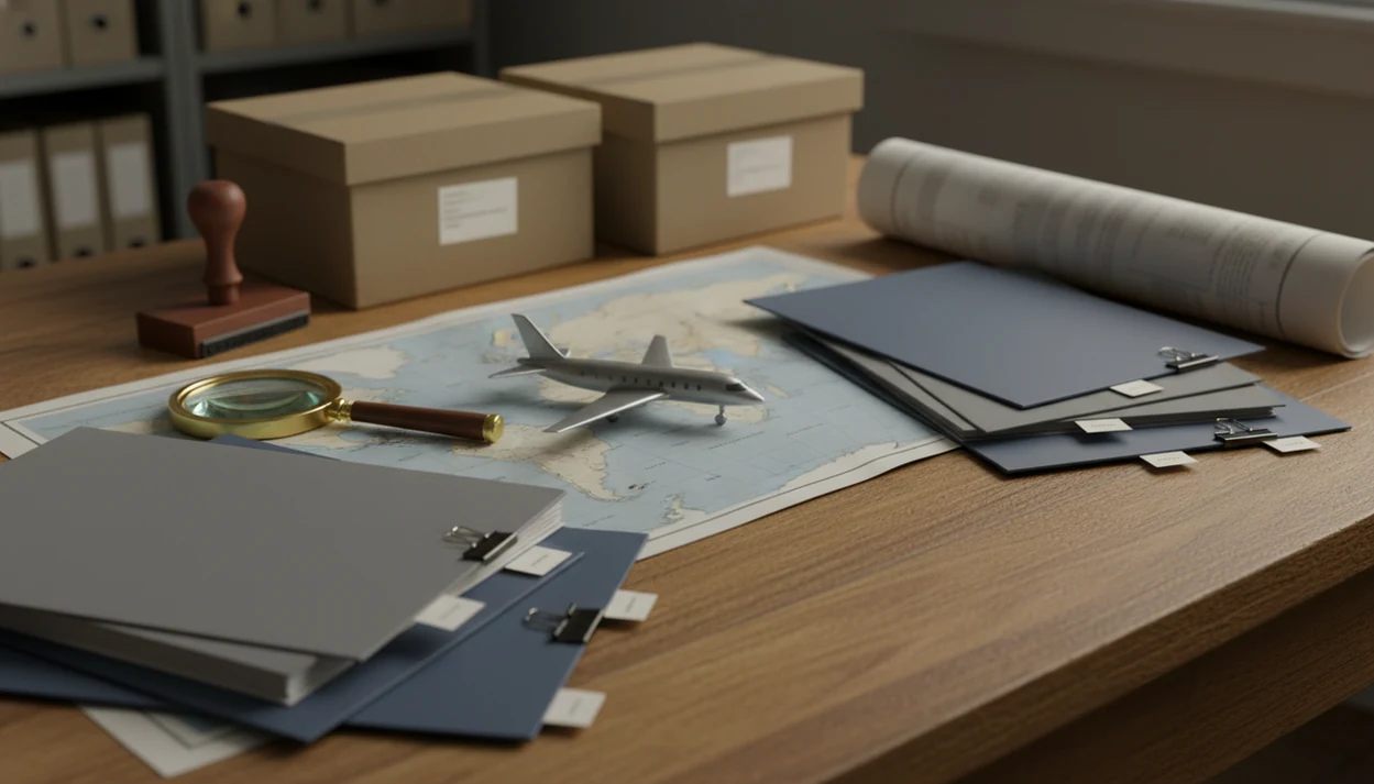 A desk with blank aviation report folders, a map, and archival tools suggesting official crash records.