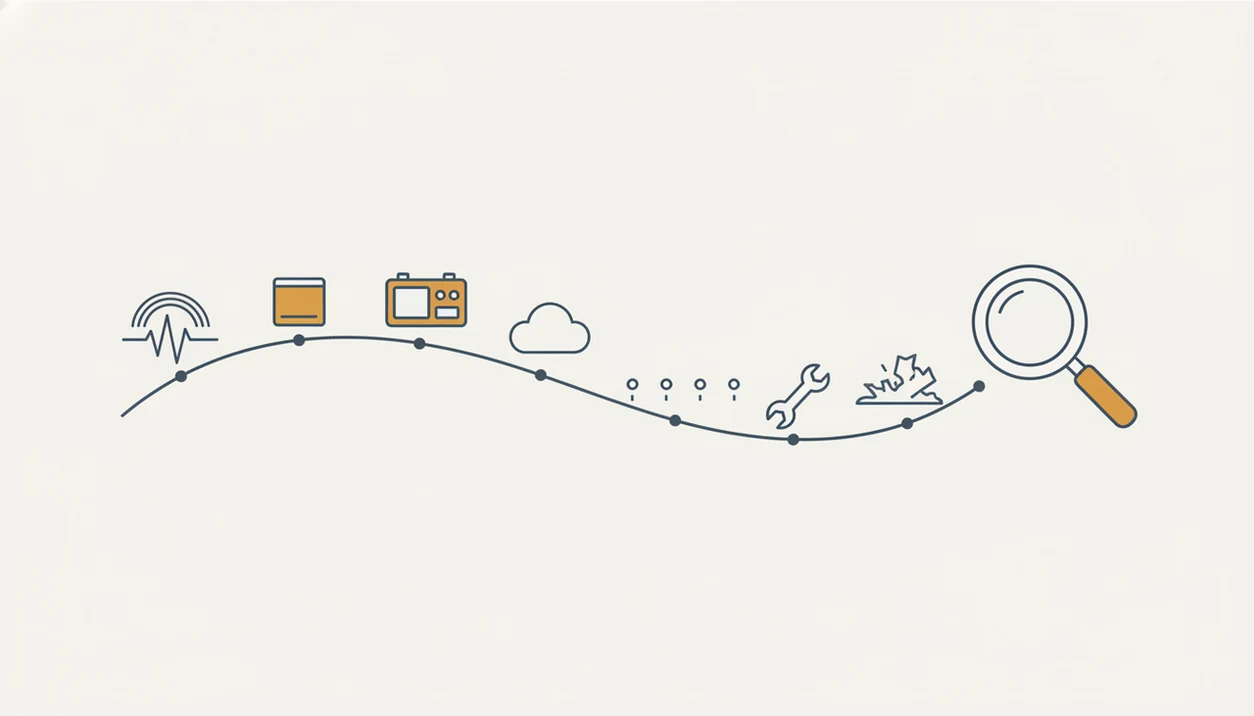 A clean diagram shows investigators connecting flight data, weather, maintenance, and wreckage evidence.