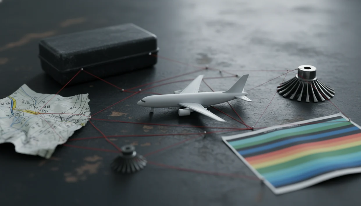 Aircraft model and investigation evidence are arranged on a desk to suggest linked crash causes.