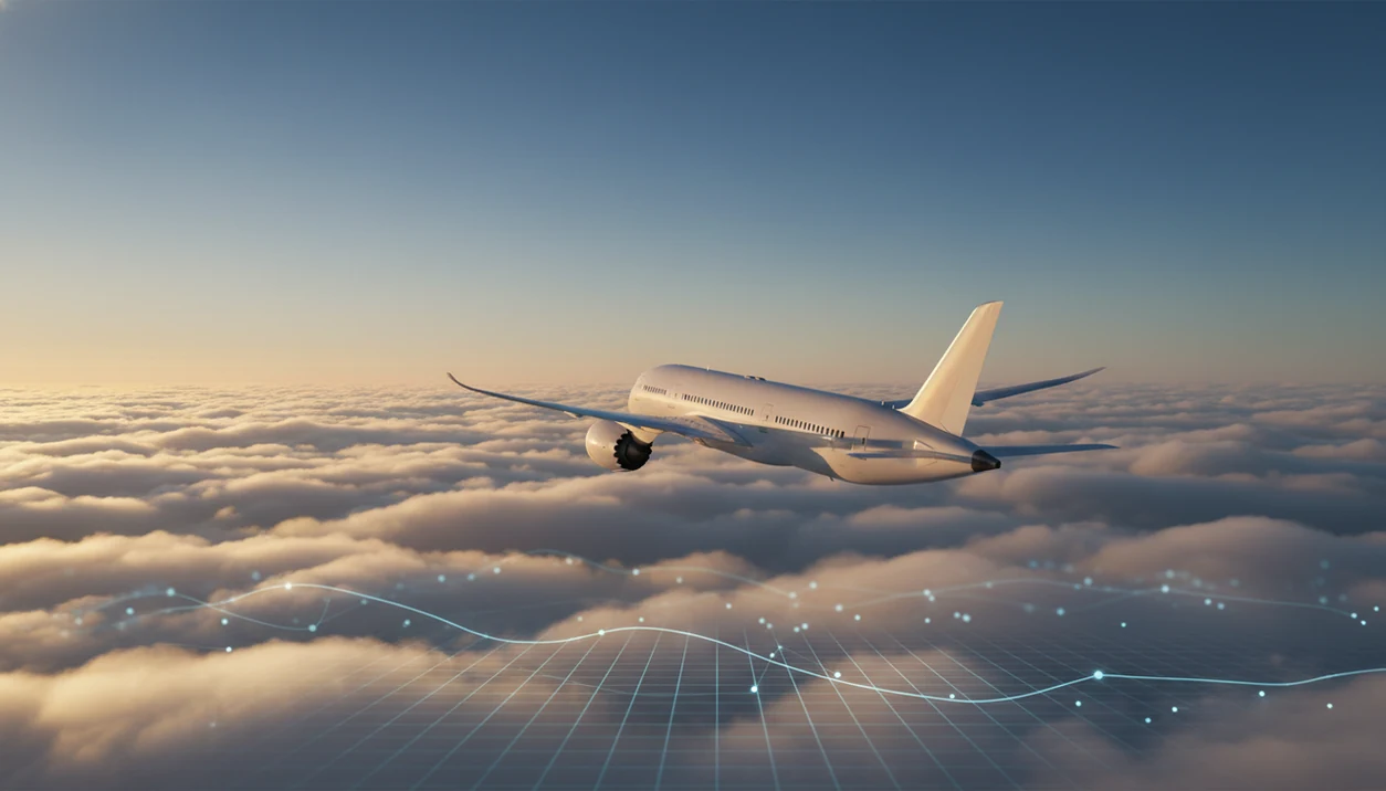 A commercial jet flies above clouds with subtle abstract data lines suggesting aviation safety trends.