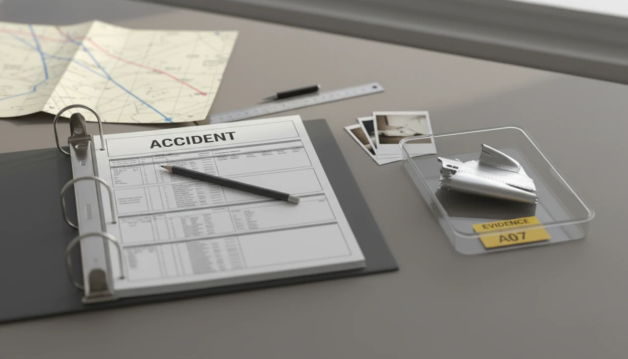 An aviation investigation desk shows a report binder, evidence tray, photos, and flight-path chart.