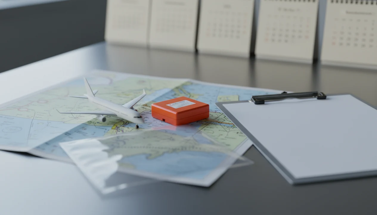 An aviation investigation desk shows an aircraft model, flight recorder, evidence sleeves, and calendar pages.