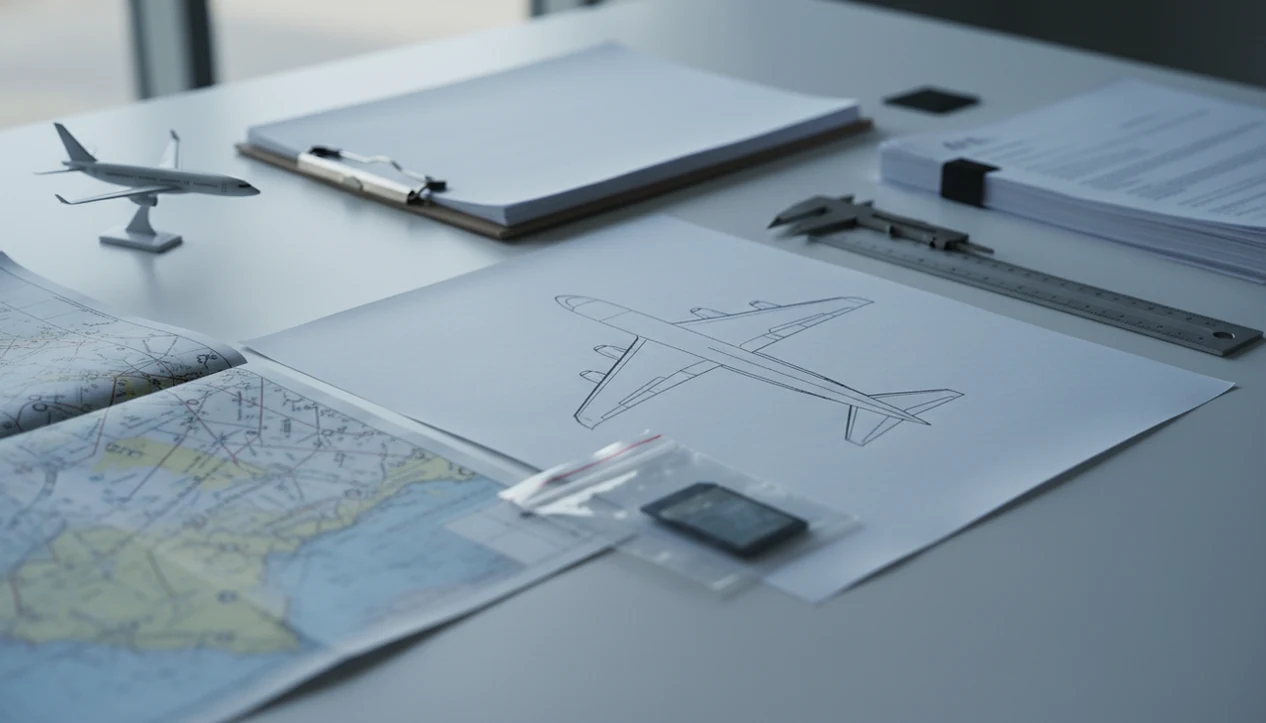 Investigator desk with aircraft diagram, chart, tools, and documents for verifying aviation accident facts.