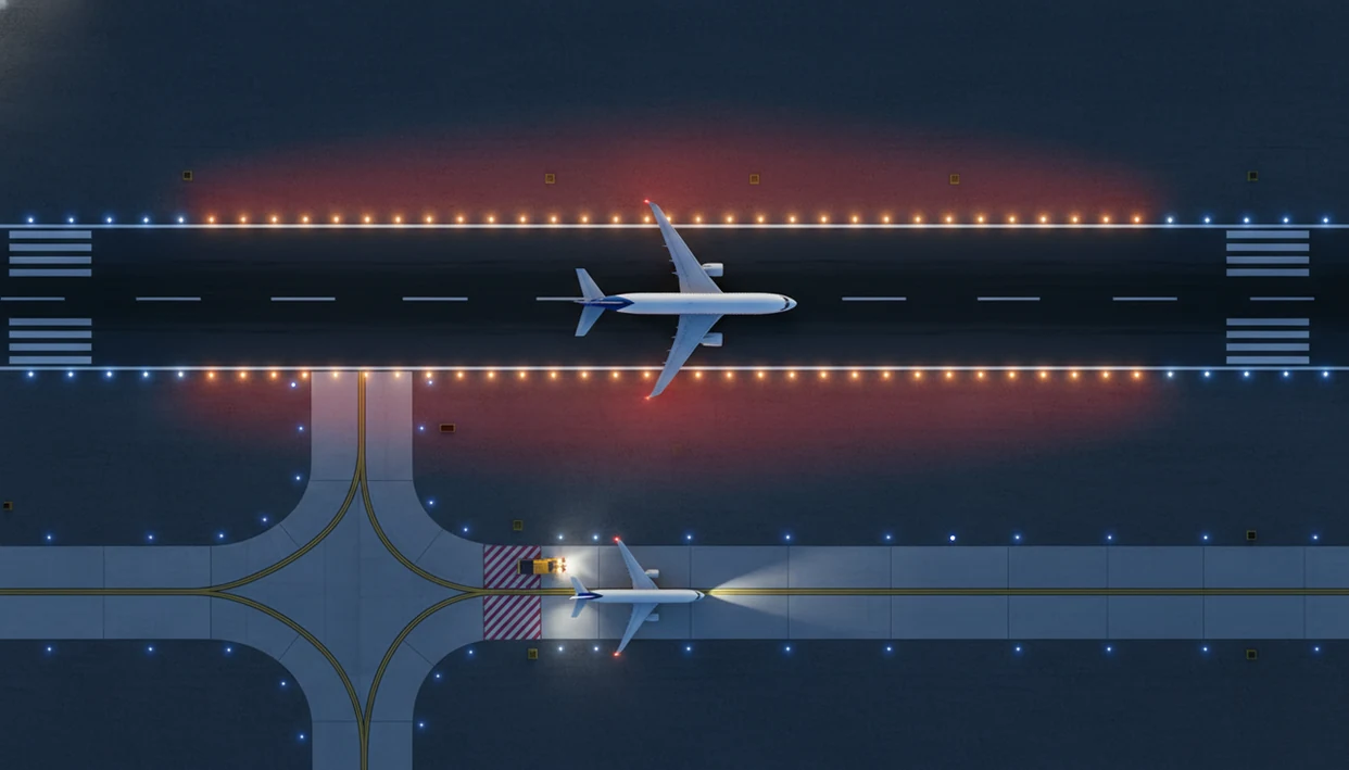 Top-down airport runway scene showing aircraft and a vehicle near a protected runway area.