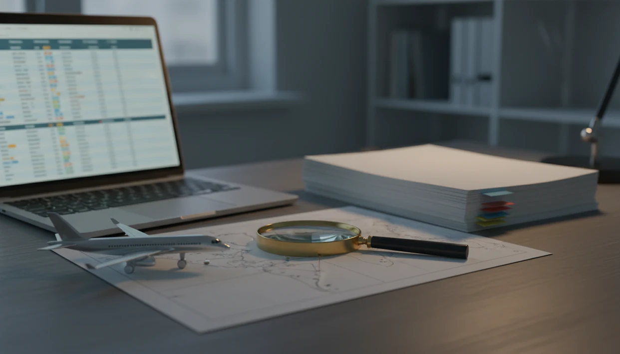 A research desk with an aircraft model, map, report papers, and abstract incident database records.