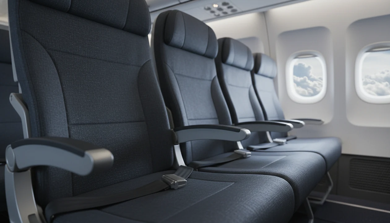 An empty airplane seat with its seat belt fastened, seen in a calm cabin above clouds.