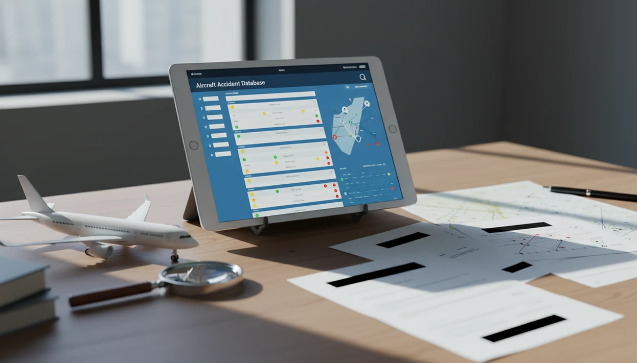 A research desk with an aircraft model, magnifying glass, and abstract accident database on a screen.
