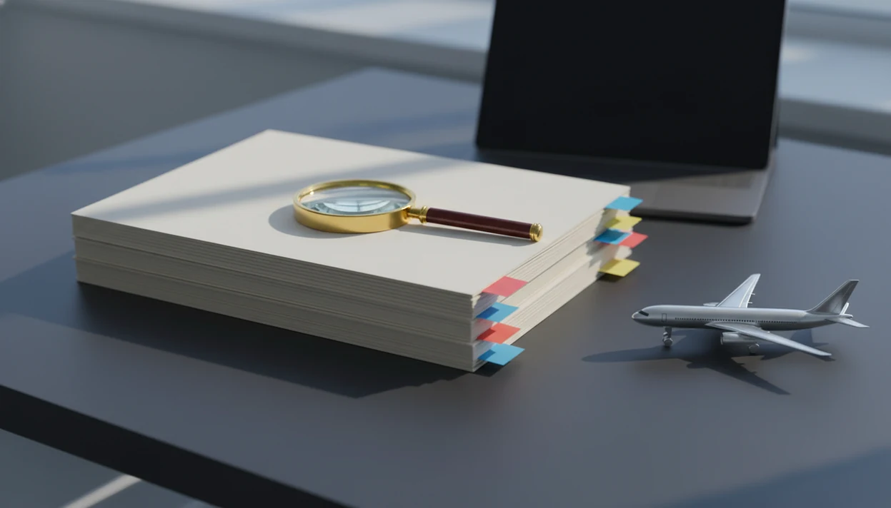 Aviation report folders, evidence tabs, a magnifying glass, and a model aircraft on an investigator’s desk.
