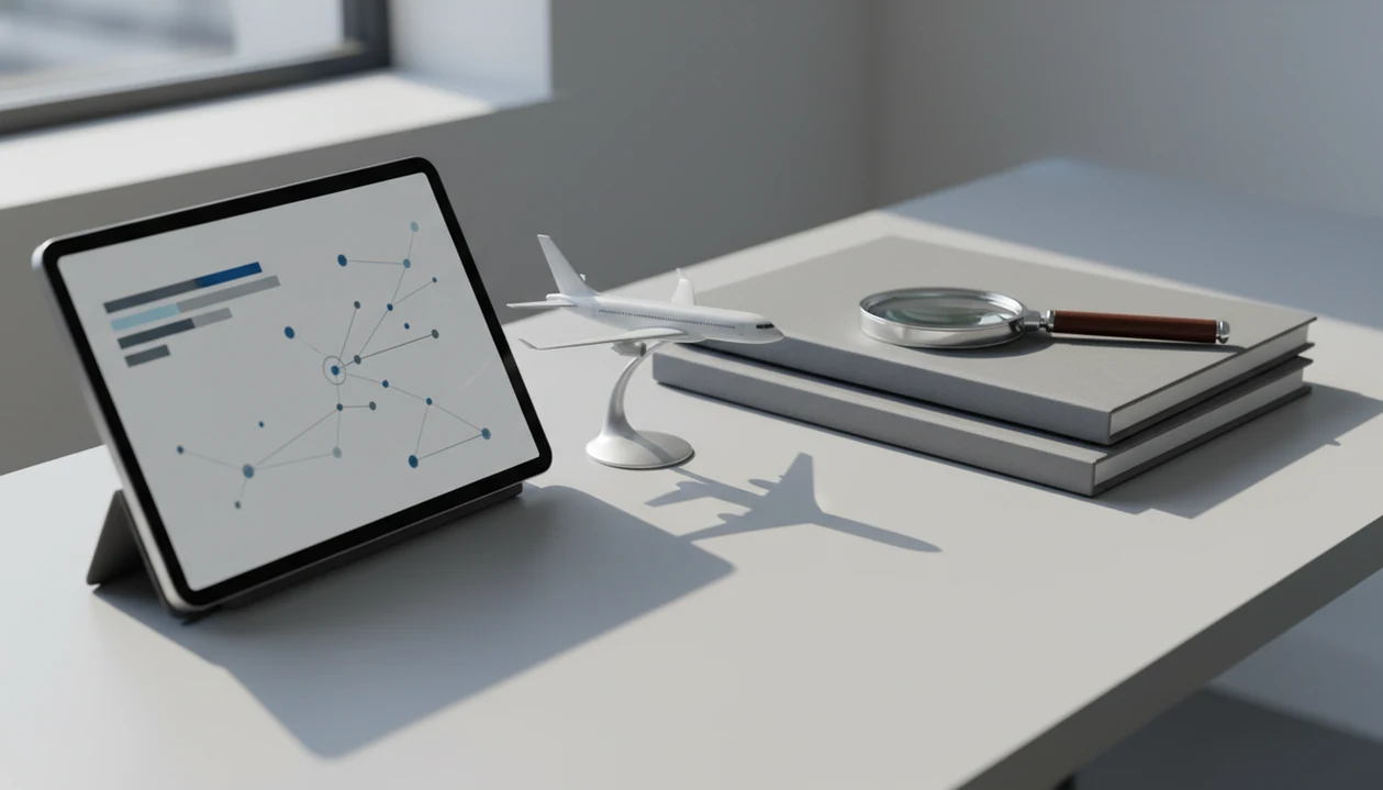 A tablet, aircraft model, magnifying glass, and blank reports suggest evidence-based airline safety research.