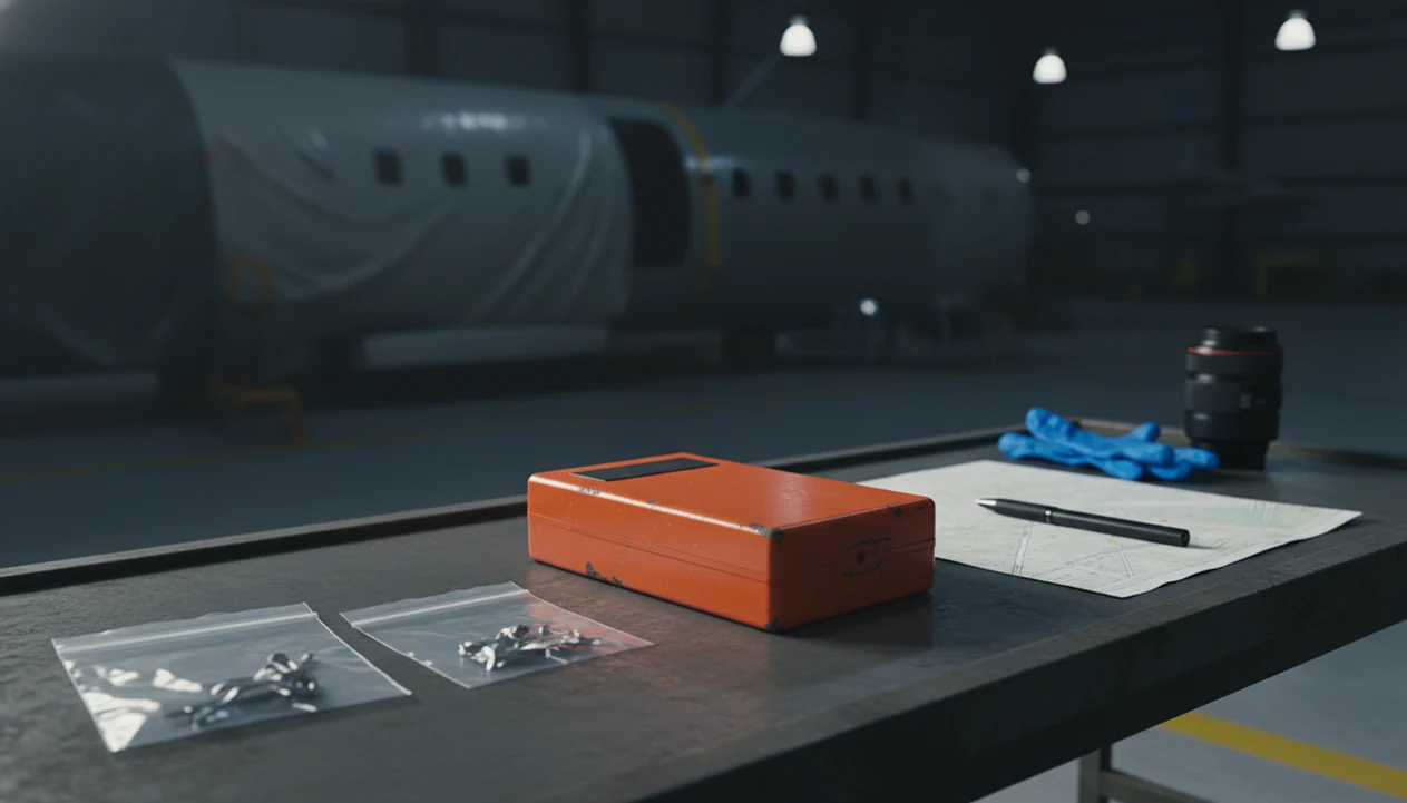An aviation investigation workbench with a flight recorder, evidence bags, gloves, and an unmarked map.